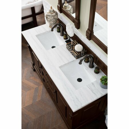 James Martin Vanities Brookfield 60in Double Vanity, Burnished Mahogany w/ 3 CM Arctic Fall Solid Surface Top 147-114-5661-3AF